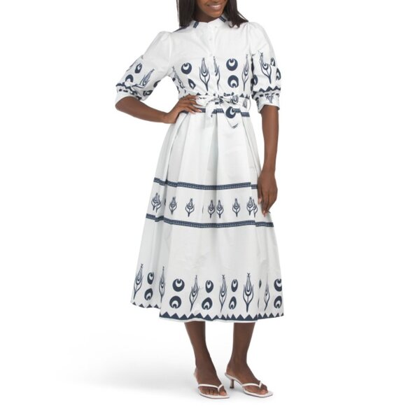 BLUE NAVY Navy/white Made In Italy Elbow Sleeve Printed Maxi Dress - Picture 1 of 2